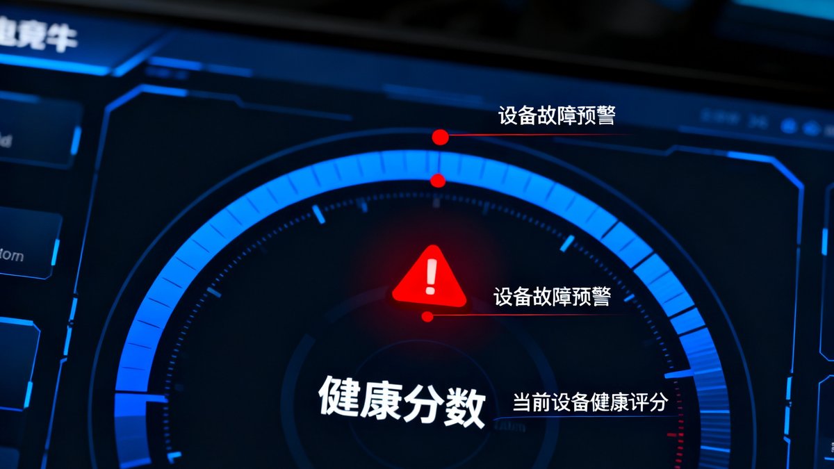 电竞牛3.6版本AI智能巡检功能宣传图，展示设备故障预测仪表盘界面，带有红色预警标记和健康评分数字