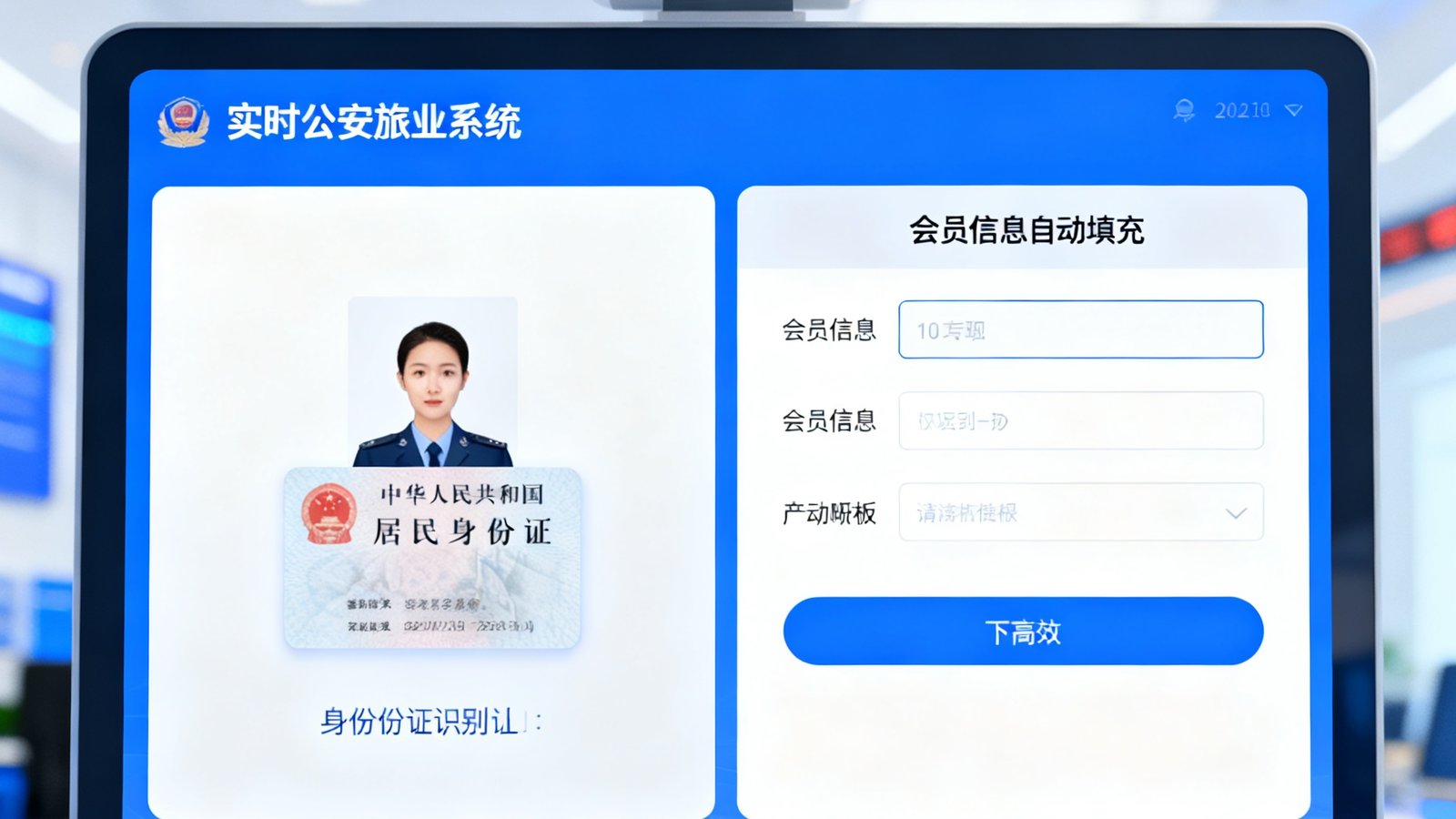 电竞牛智能开卡系统界面截图，左侧显示身份证识别区域，右侧展示会员信息自动填充面板，顶部有实时公安旅业系统上传状态指示器，整体界面简洁高效